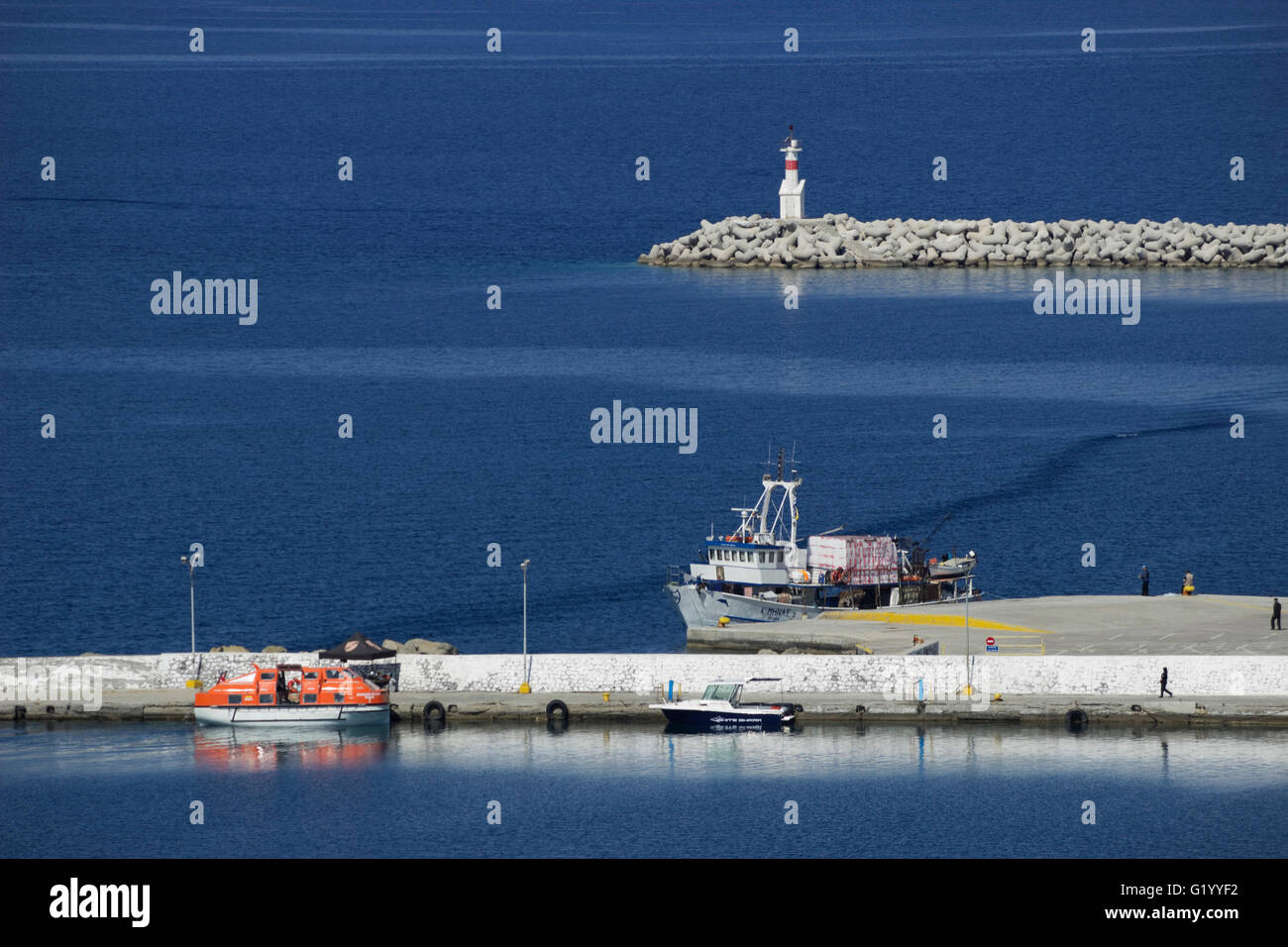 Myrina's (capital city) main harbor / port promenade.  Limnos or Lemnos island, Greece Stock Photo