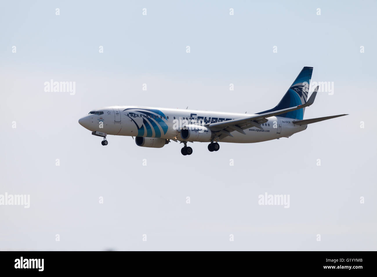 BERLIN / GERMANY - AUGUST 1, 2015: Boing 737 - 800, EgyptAir plane lands on airport tegel at august 1,2015 in berlin / germany. Stock Photo
