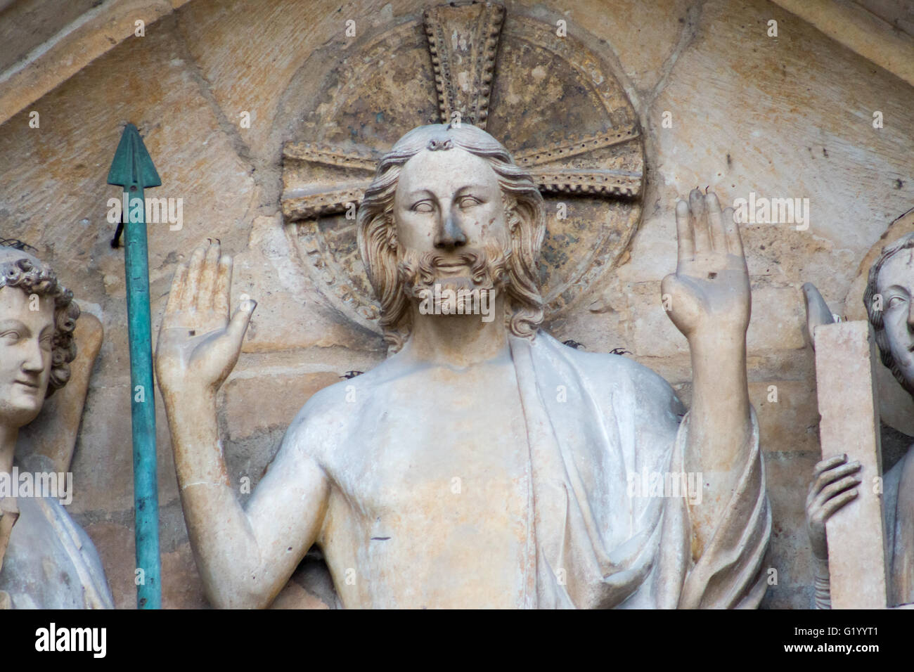 Portal of the Last Judgment, the central portal of Notre Dame. Stock Photo