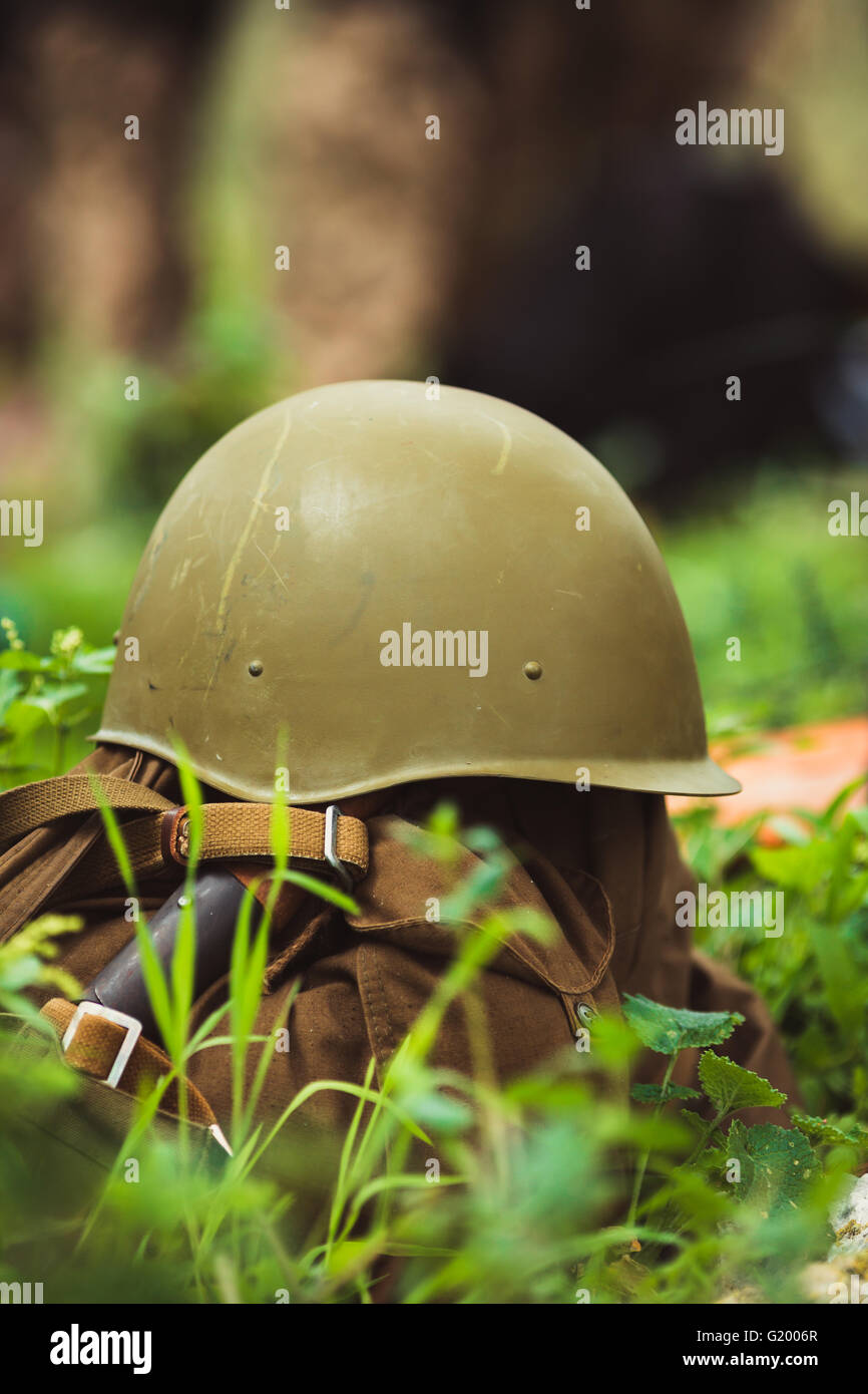 the military helmet and backpack ammunition closeup Stock Photo Alamy