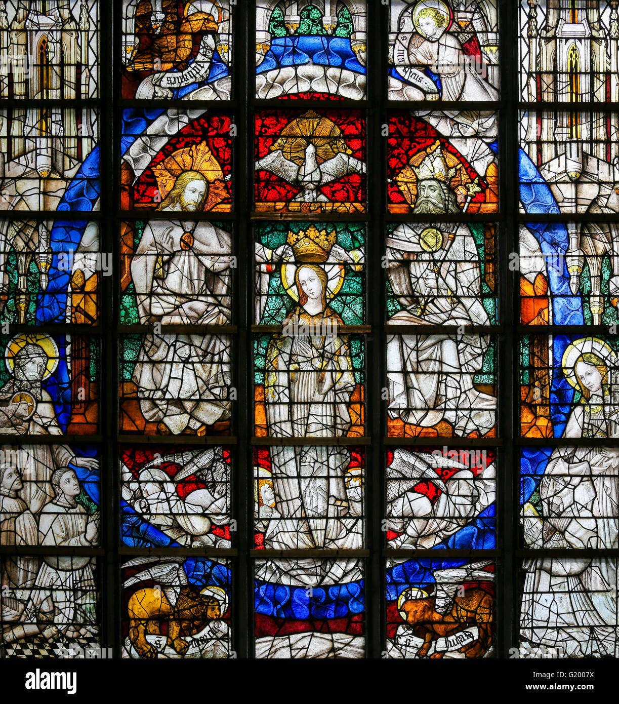 LIER, BELGIUM - MAY 16, 2015: Stained Glass window (1450) in St Gummarus Church in Lier, Belgium, depicting the Coronation of Ma Stock Photo