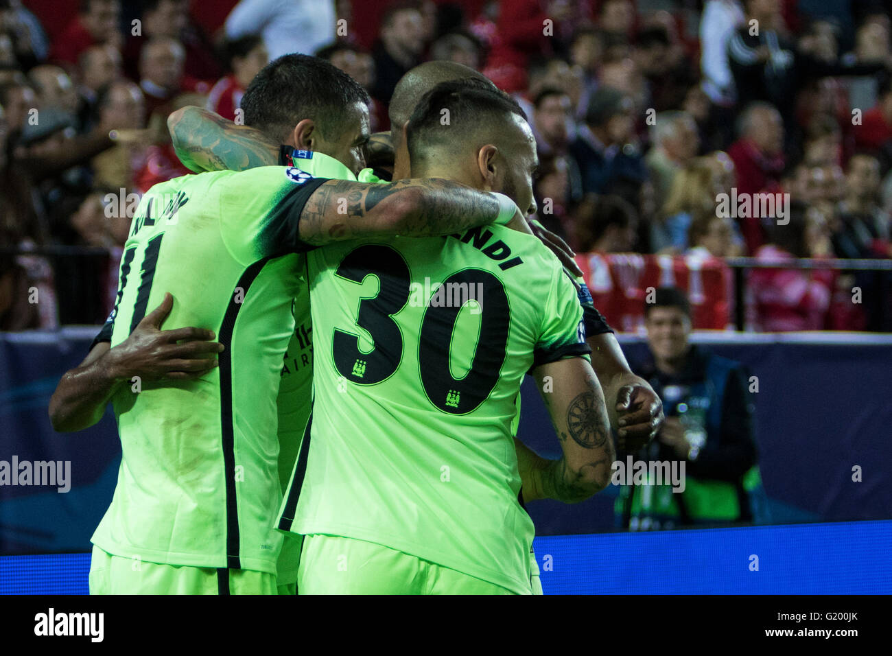 Players of Manchester City celebrates after scoring during the UEFA Champions League Group D soccer match between Sevilla FC and Manchester City at Estadio Ramon Sanchez Pizjuan in Sevilla, Spain, 3 November, 2015 Stock Photo