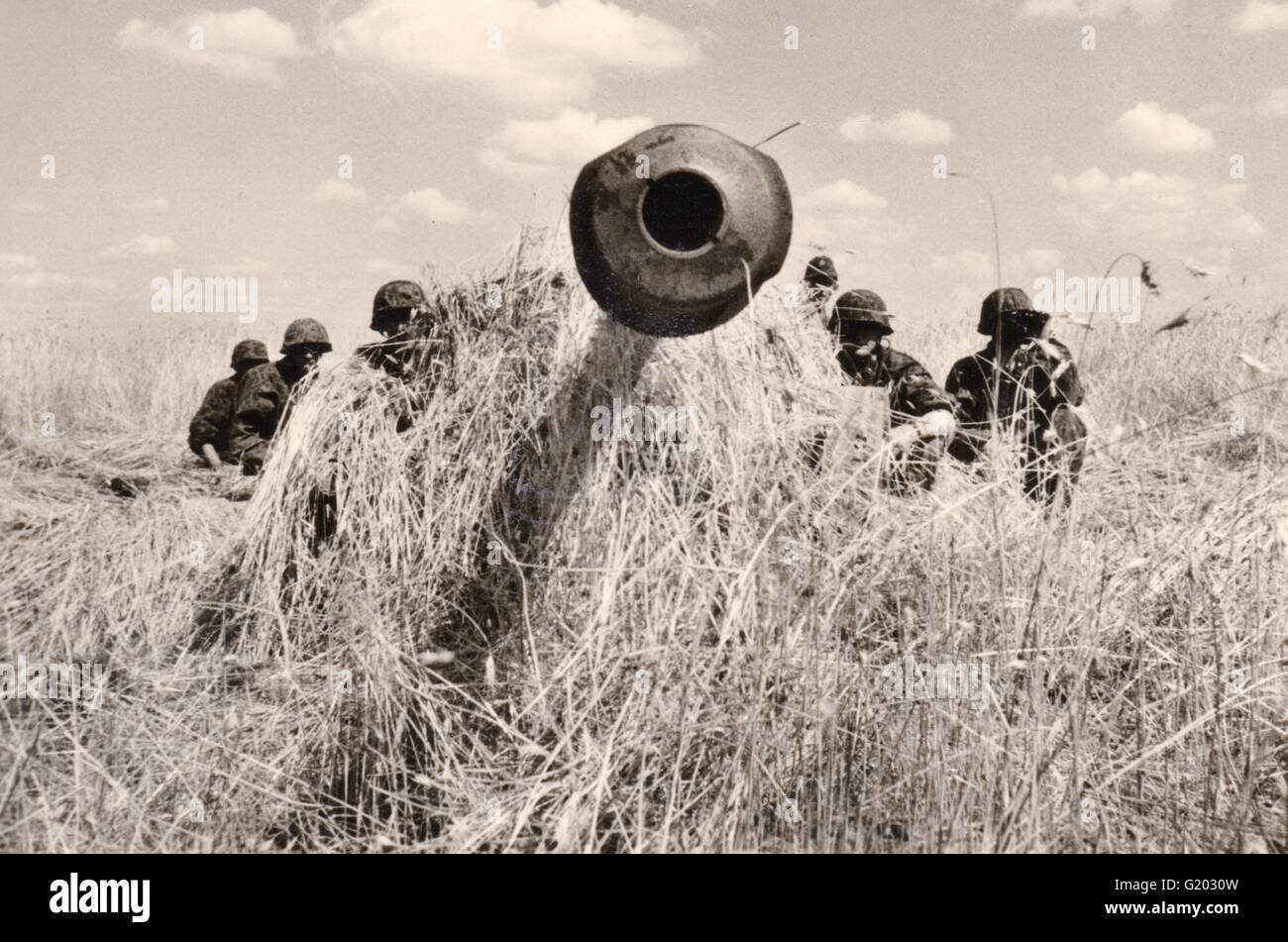 Waffen SS Men 5th SS Wiking behind Camouflaged 75mm Anti Tank Gun on the Eastern Front 1944 Stock Photo