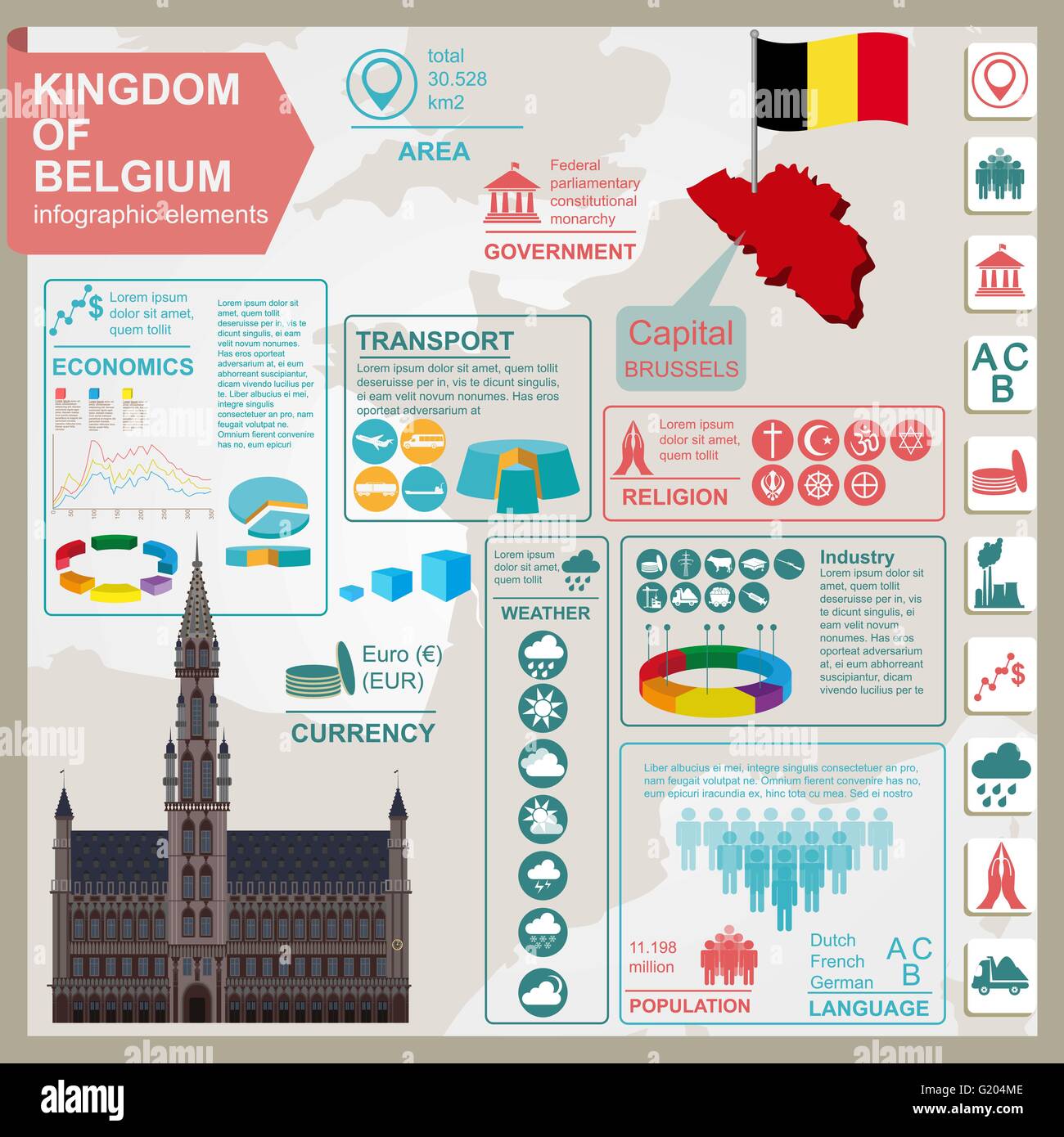 Belgium infographics, statistical data, sights. Vector illustration Stock Vector