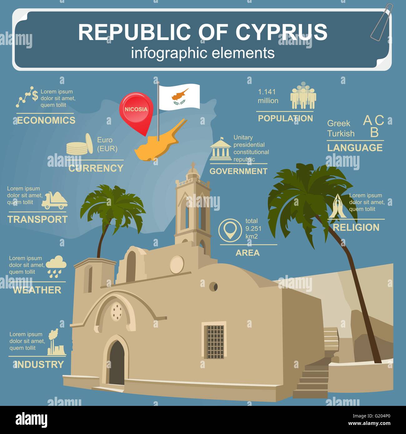 Cyprus infographics, statistical data, sights. Ayia Napa Monastery. Vector illustration Stock Vector