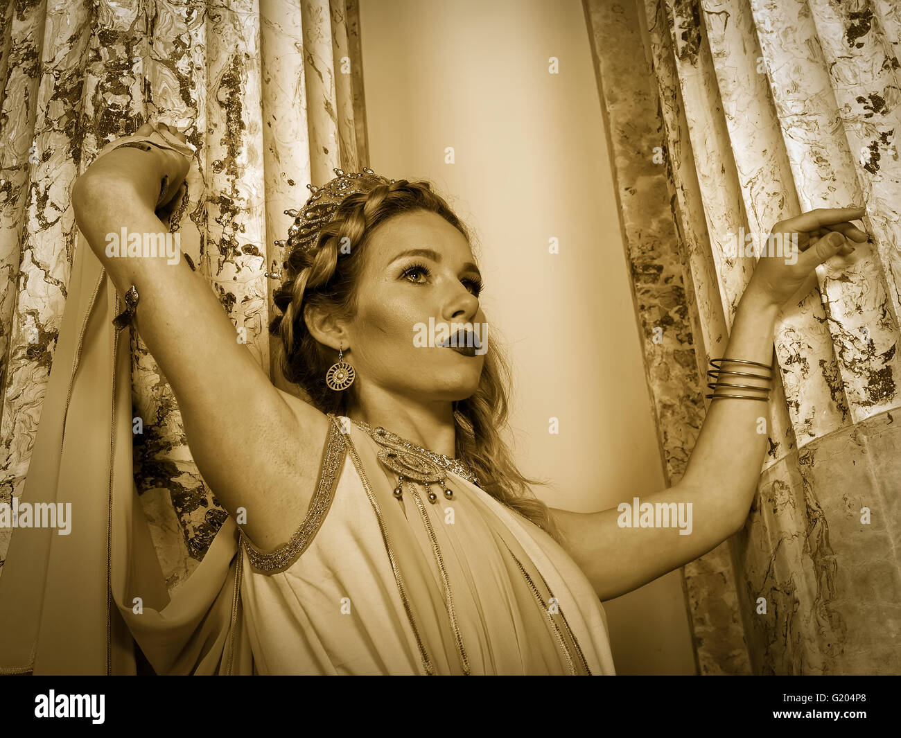 woman in traditional roman clothing posing in temple, sepia tone Stock ...