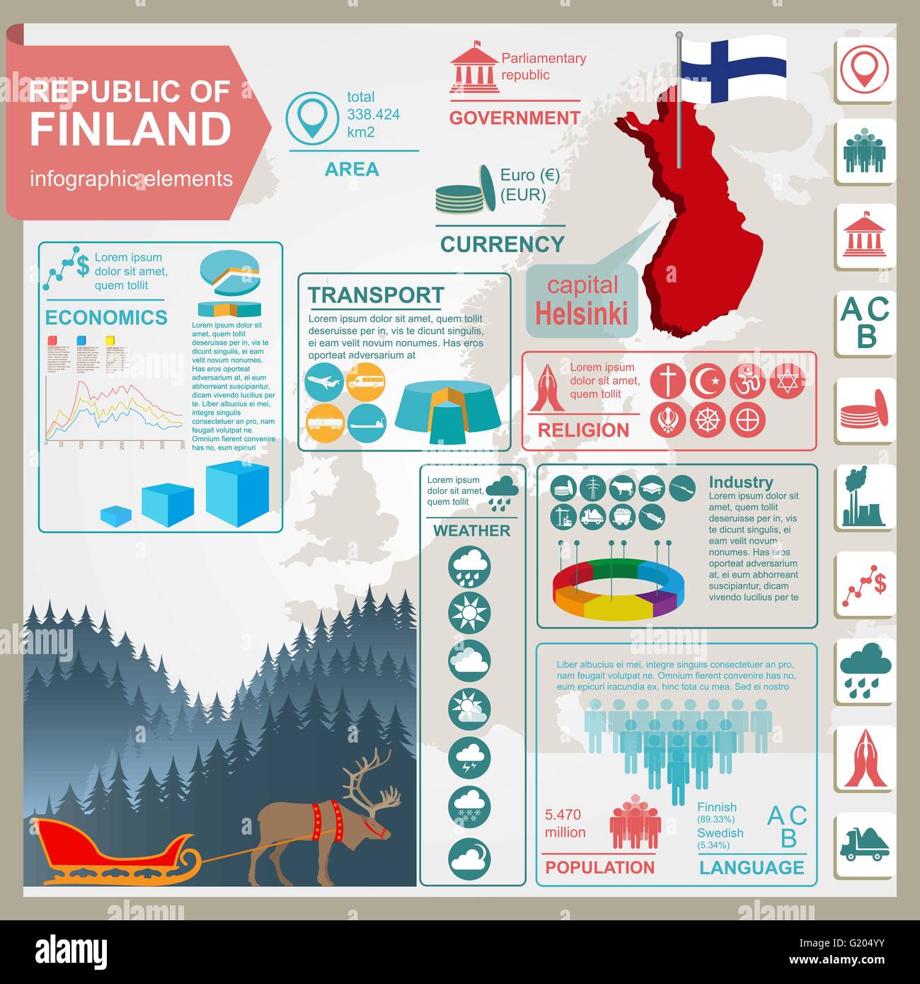 Finland infographics, statistical data, sights. Vector illustration Stock Vector