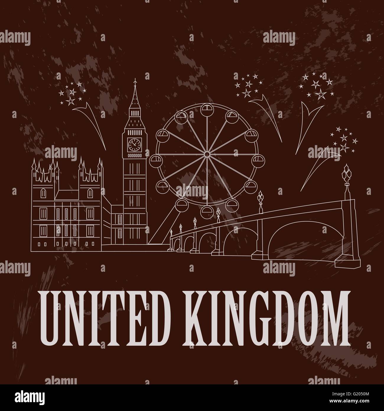 United Kingdom of Great Britain landmarks. Westminster bridge, Big Ben. Retro styled image. Vector illustration Stock Vector