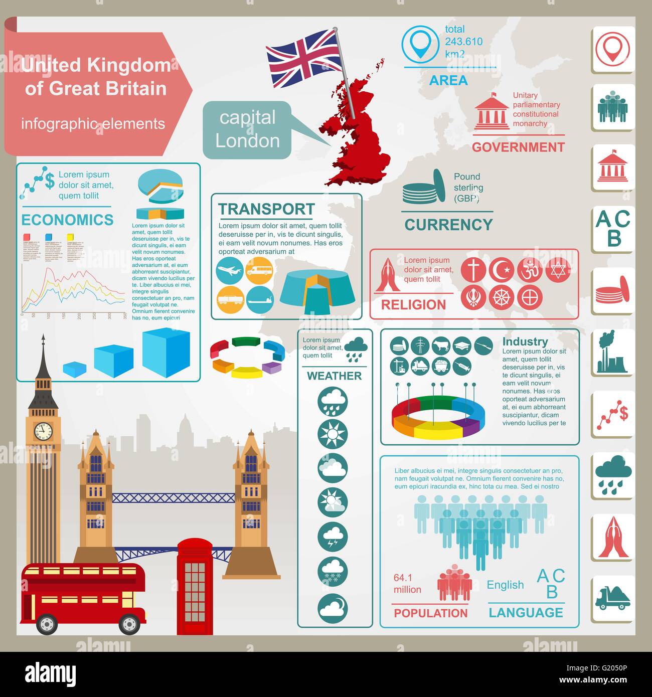 United Kingdom of Great Britain infographics, statistical data, sights. Vector illustration
