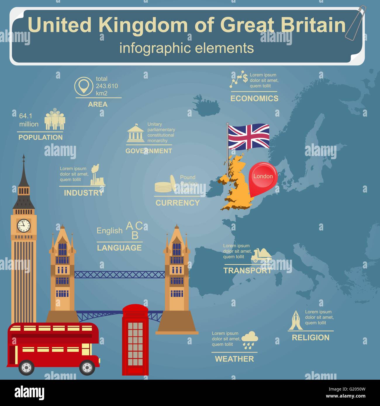 United Kingdom of Great Britain infographics, statistical data, sights. Vector illustration Stock Vector