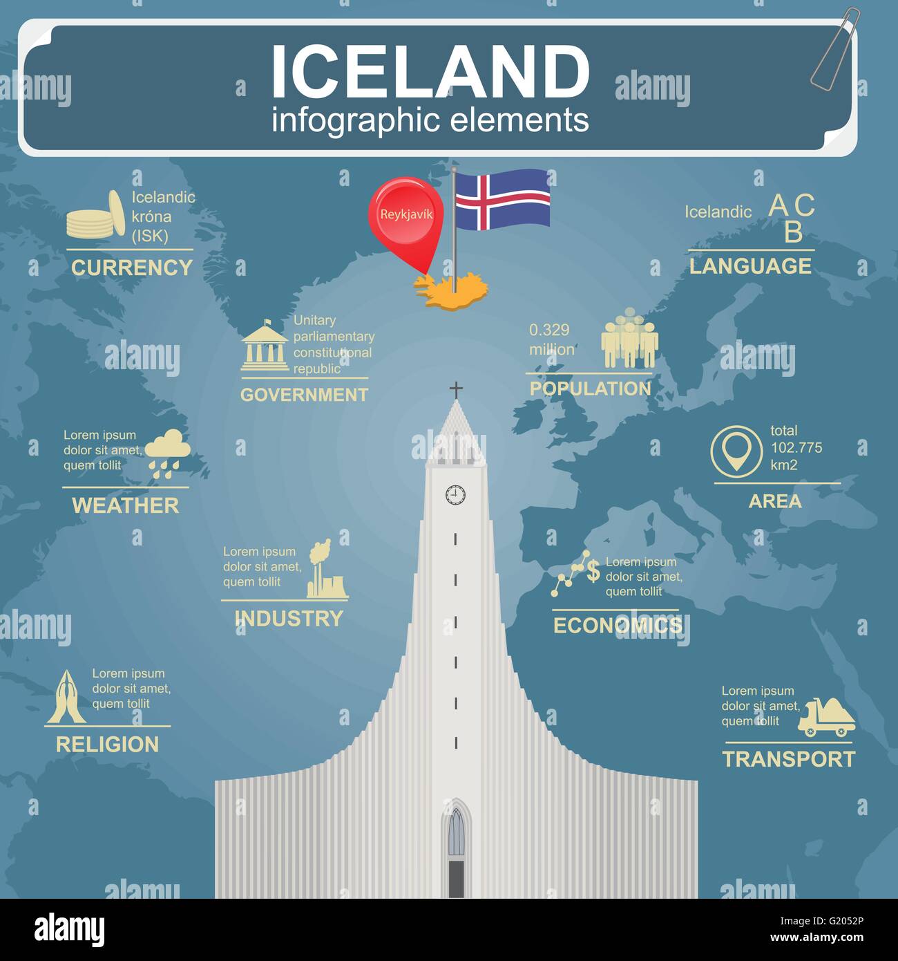 Iceland infographics, statistical data, sights. Vector illustration Stock Vector