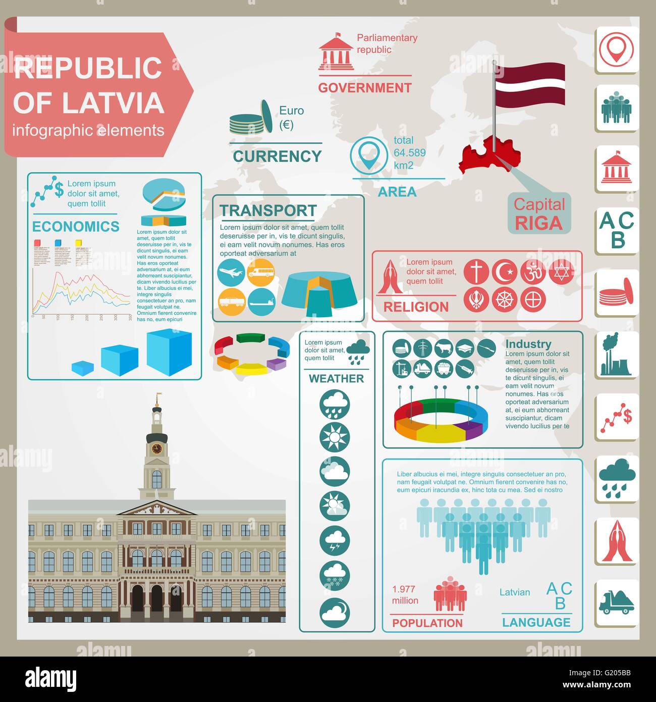 Latvia infographics, statistical data, sights. Vector illustration Stock Vector