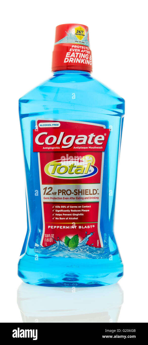 Winneconne, WI - 20 May 2016:  Bottle of Colgate total mouthwash on an isolated background Stock Photo