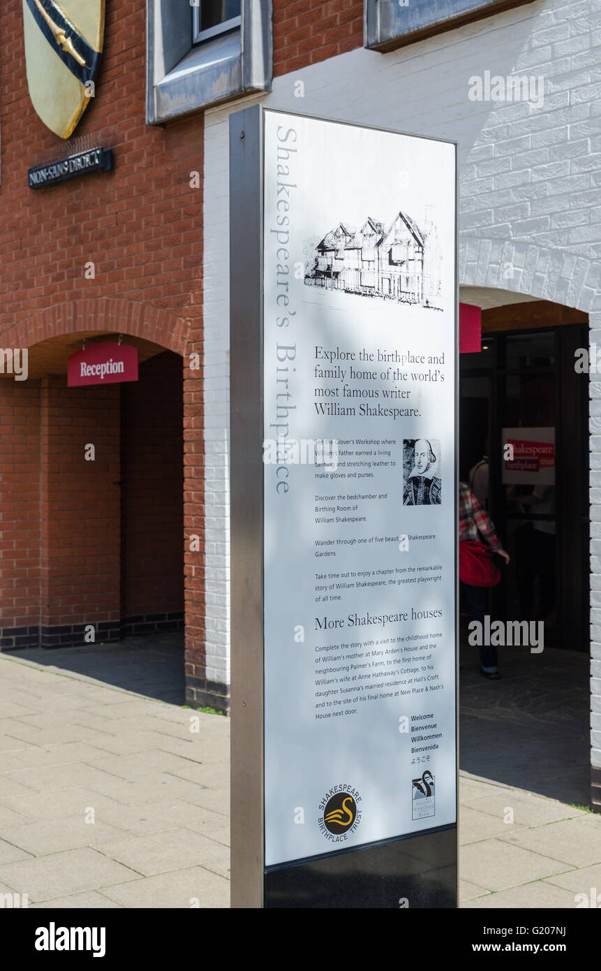 Information board outside Shakespeare's Birthplace in Henley Street, Stratford-upon-Avon Stock Photo