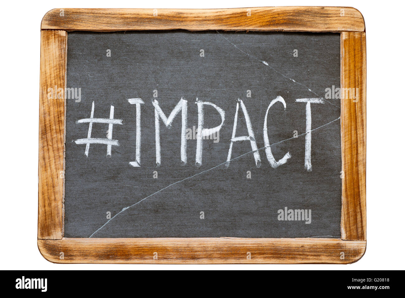 impact hashtag handwritten on vintage school slate board isolated on white Stock Photo