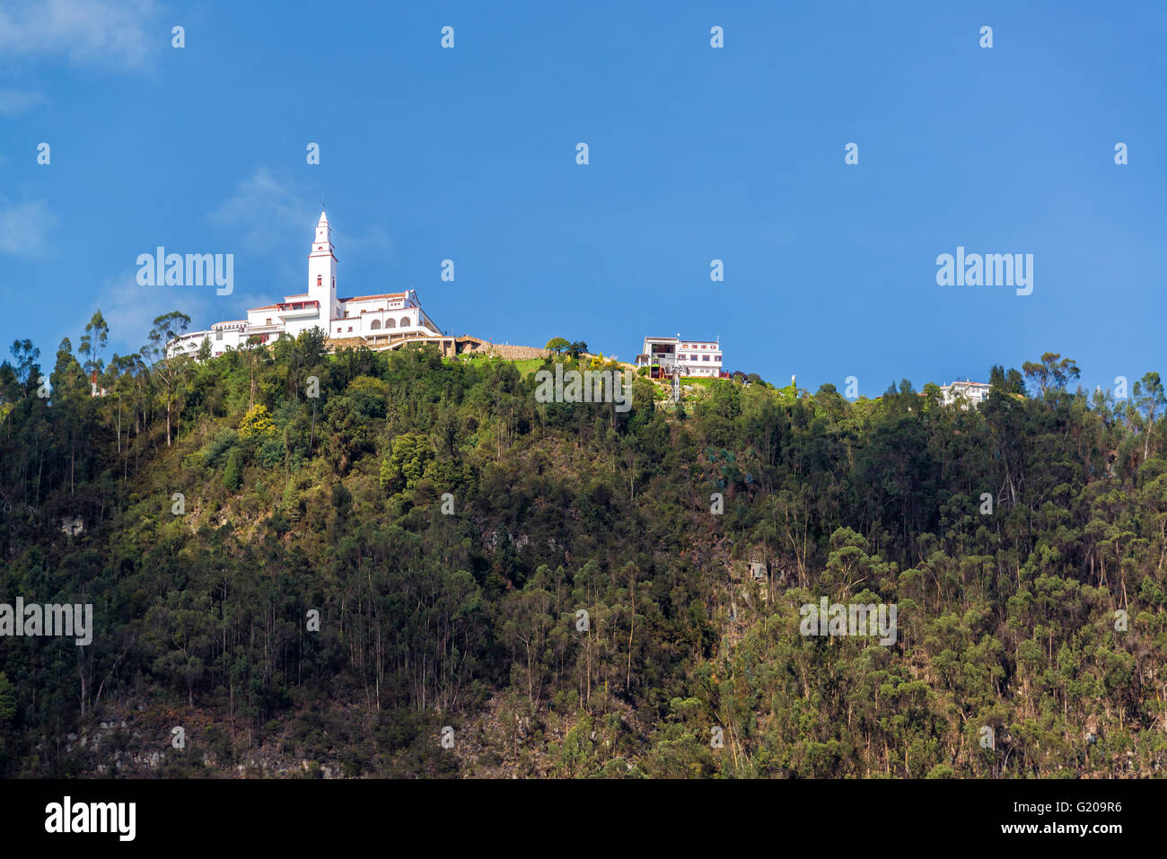 View of Monserrate church high up in the Andes Mountains overlooking Bogota, Colombia Stock Photo