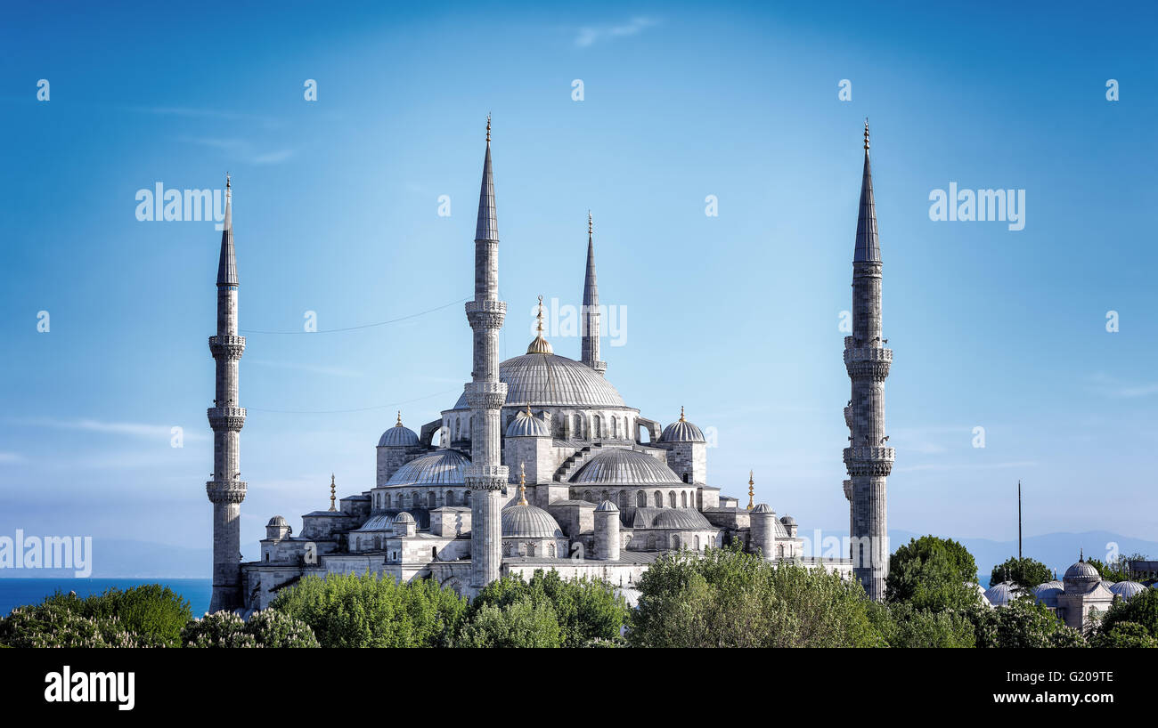 Panoramic view on the Blue mosque of Istanbul or Sultanahmet, historic famous religious landmark, great touristic place, Turkey Stock Photo