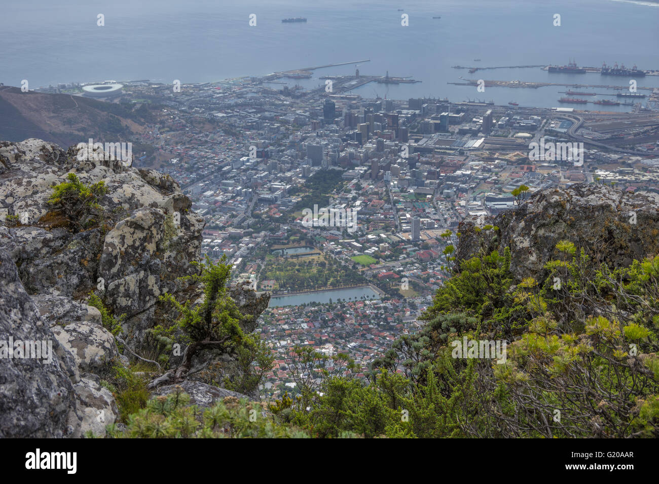 Table Mountain overlooks the city of Cape Town and is a famous landmark of South Africa Stock Photo