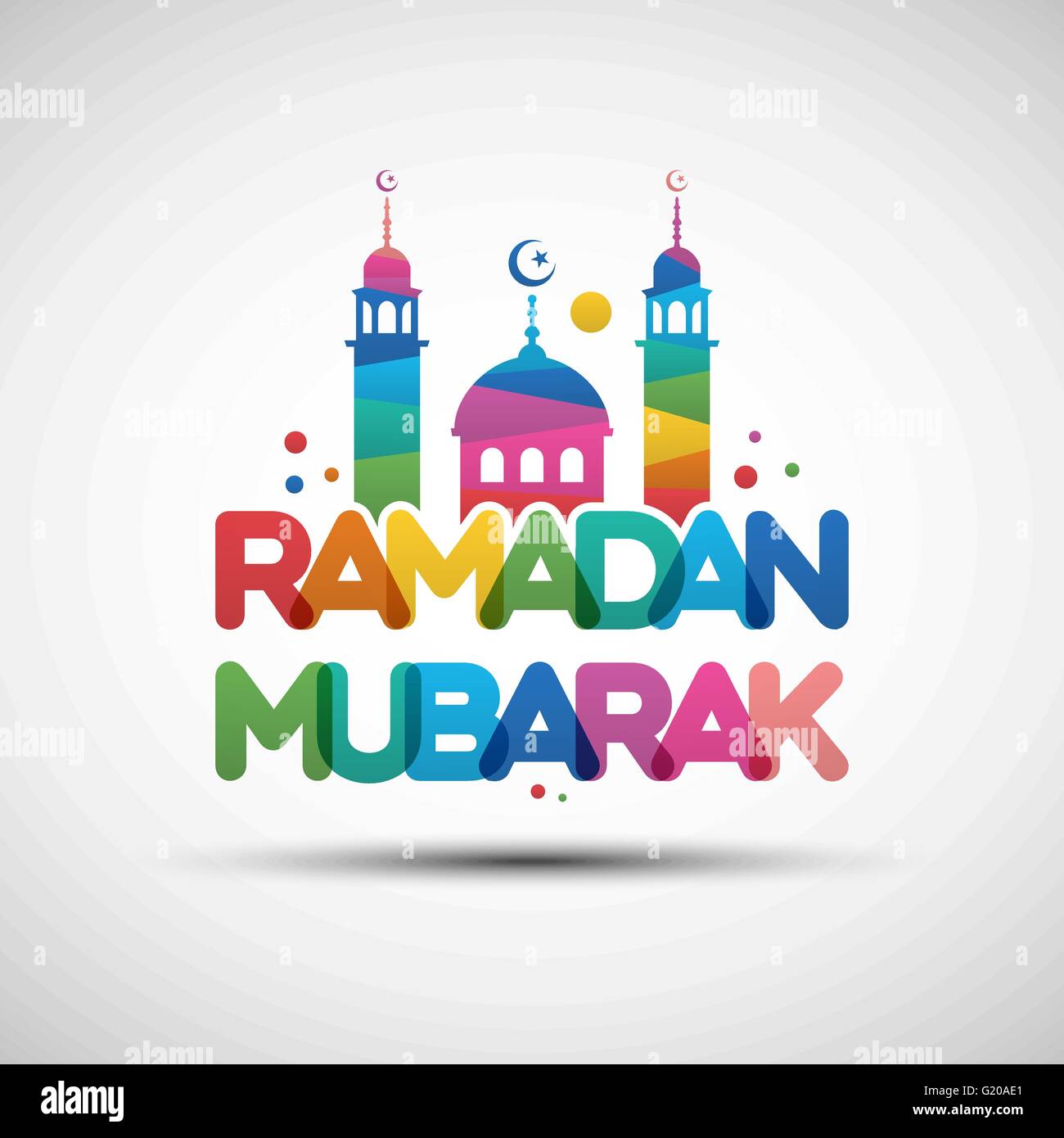 Vector Illustration of Ramadan Mubarak. Greeting card design with creative multicolored transparent text Stock Vector