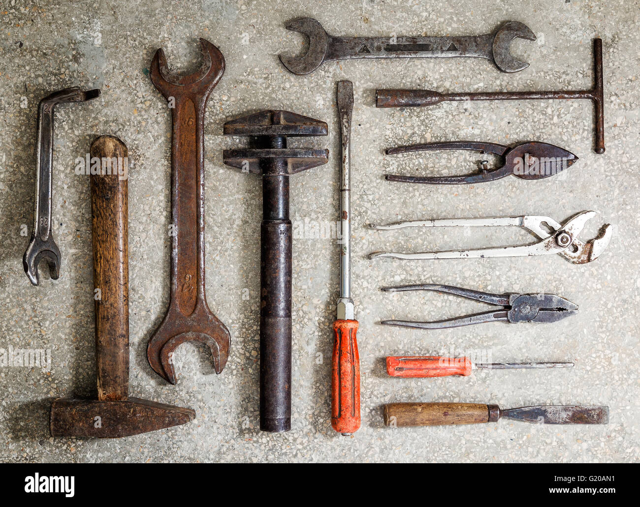 Old rusty tools arranged on the floor Stock Photo Alamy