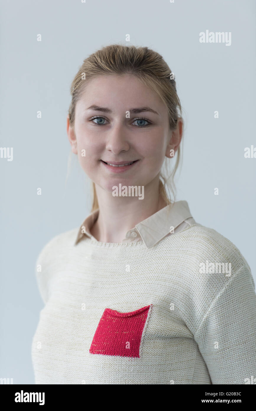 portrait of happy smilling female student girl in school library Stock ...