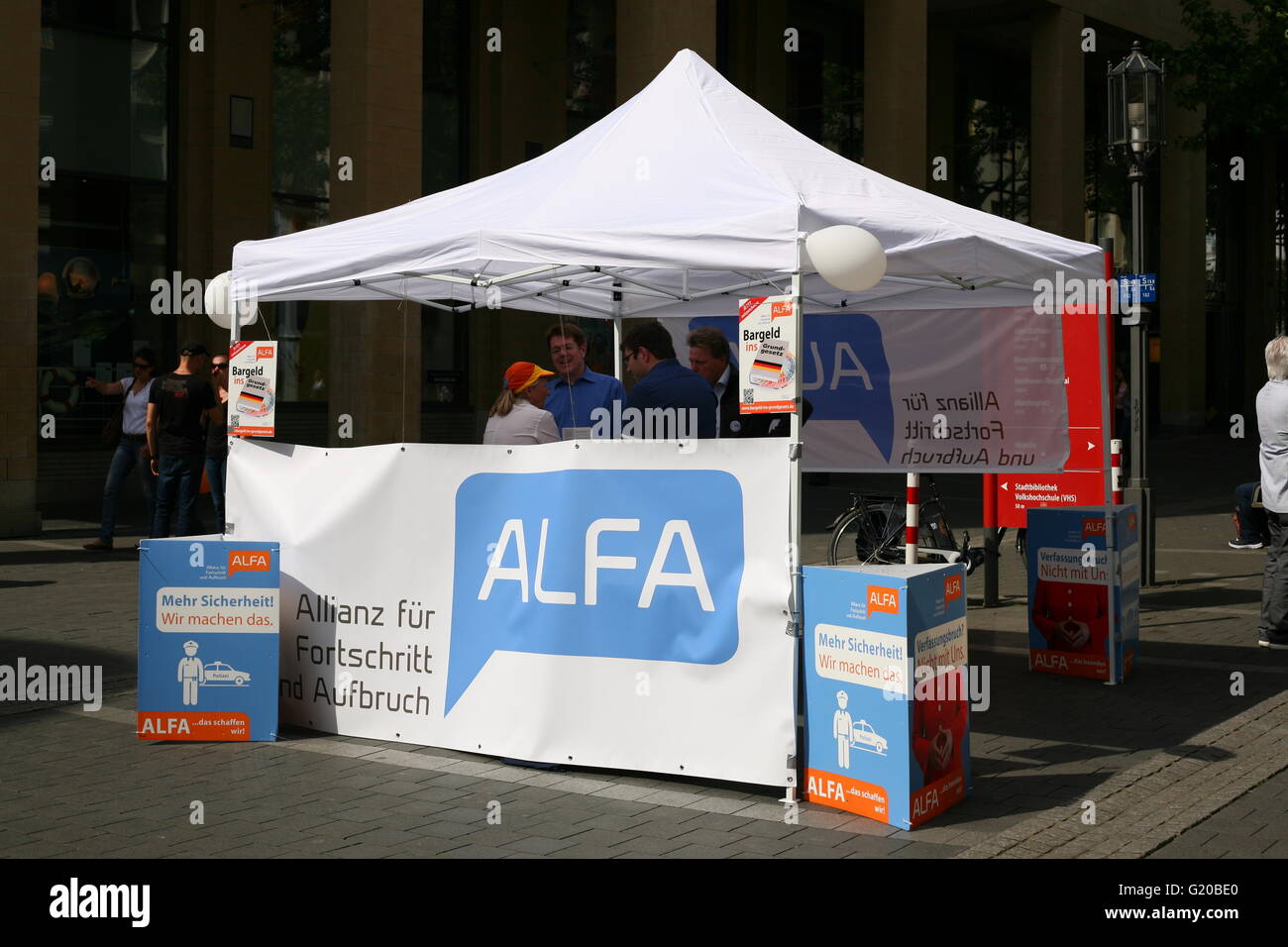 an advertising tent for the new German ALFA Party, founded by Prof. Lucke, Bonn, Germany Stock Photo