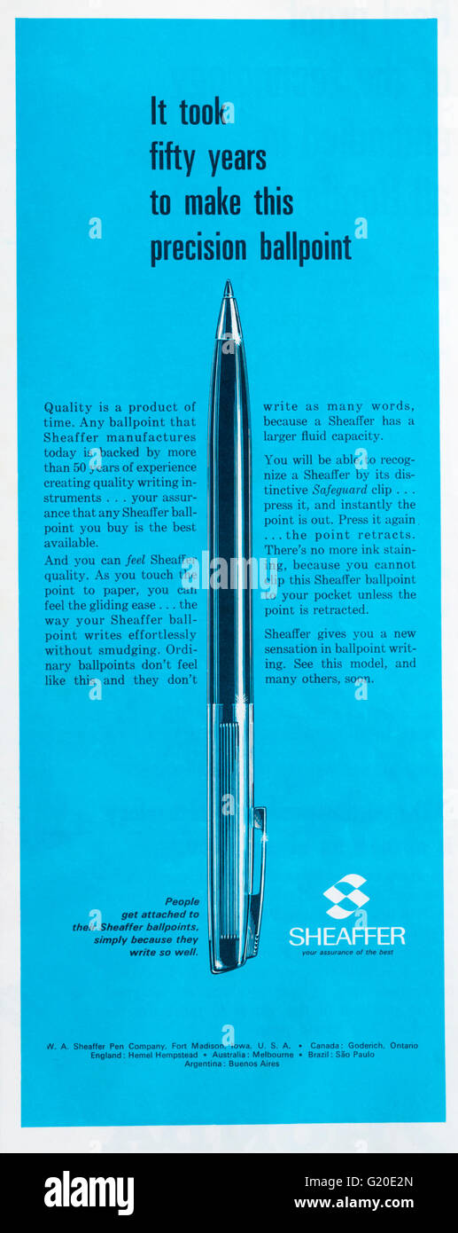 1960s magazine advertisement advertising Sheaffer pens. Stock Photo