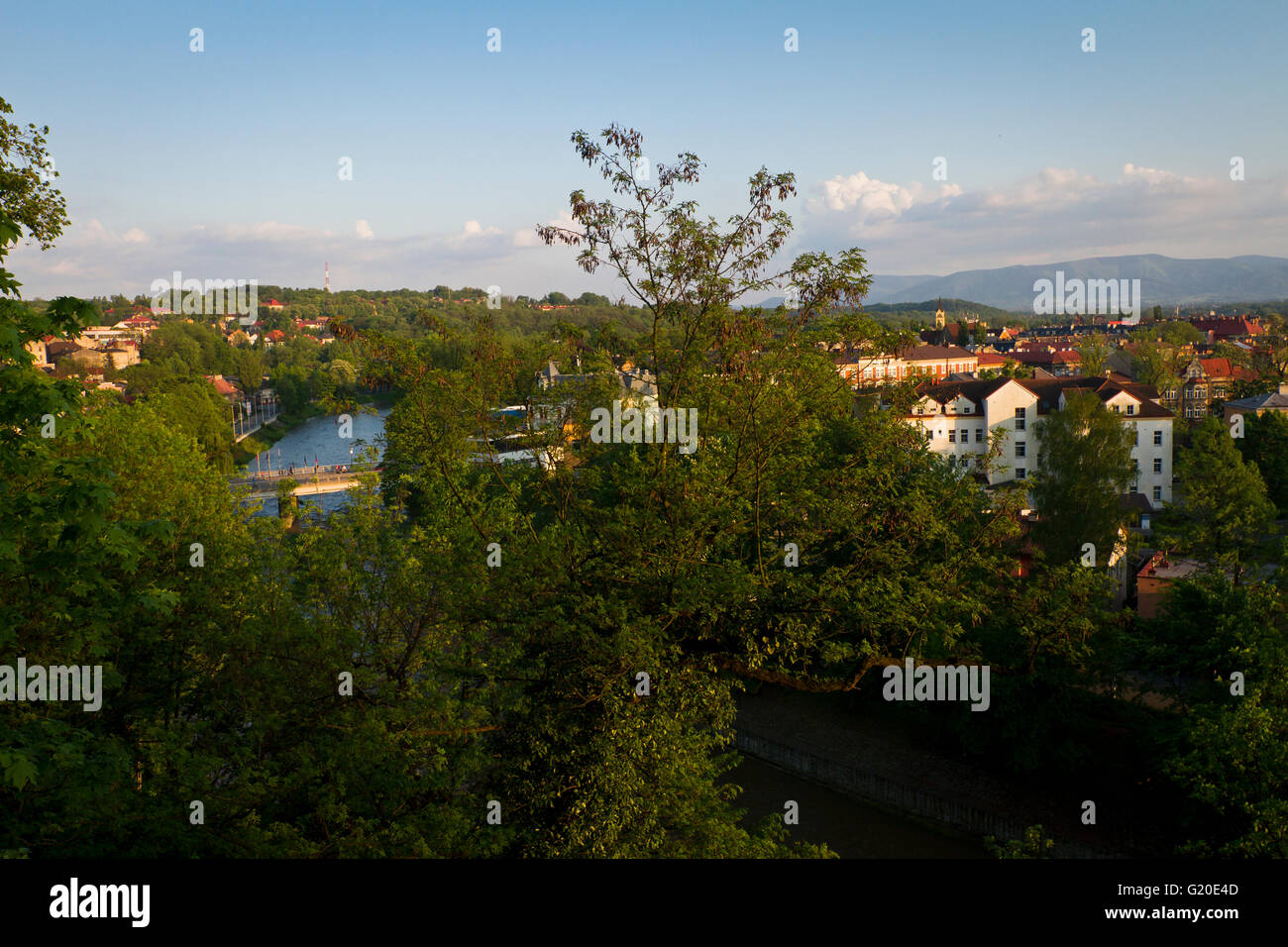 Panoramic view of Cieszyn, Cesky Tesin and borderline Olza river. Photo taken form castle hill viewpoint in Cieszyn. Stock Photo