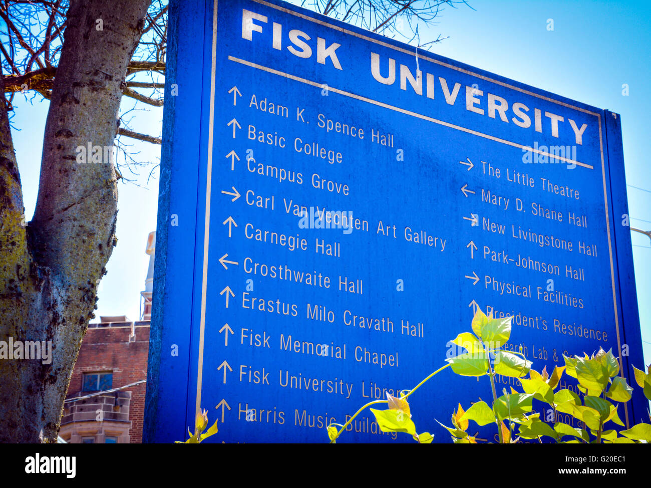 A Blue Directional sign on the campus of Fisk University in Nashville, TN Stock Photo