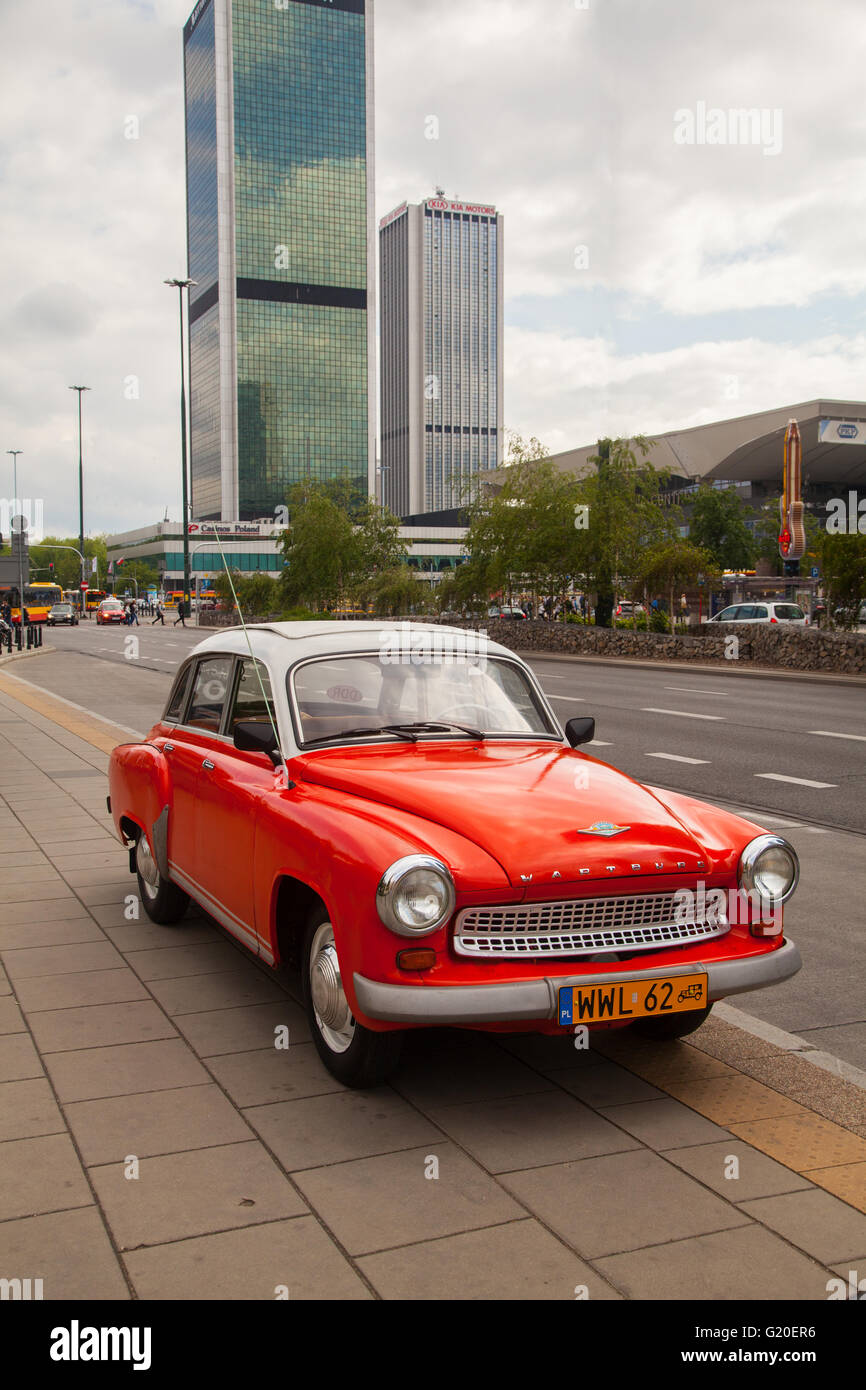 East German red Wartburg classic car in Warsaw city center Poland Stock Photo
