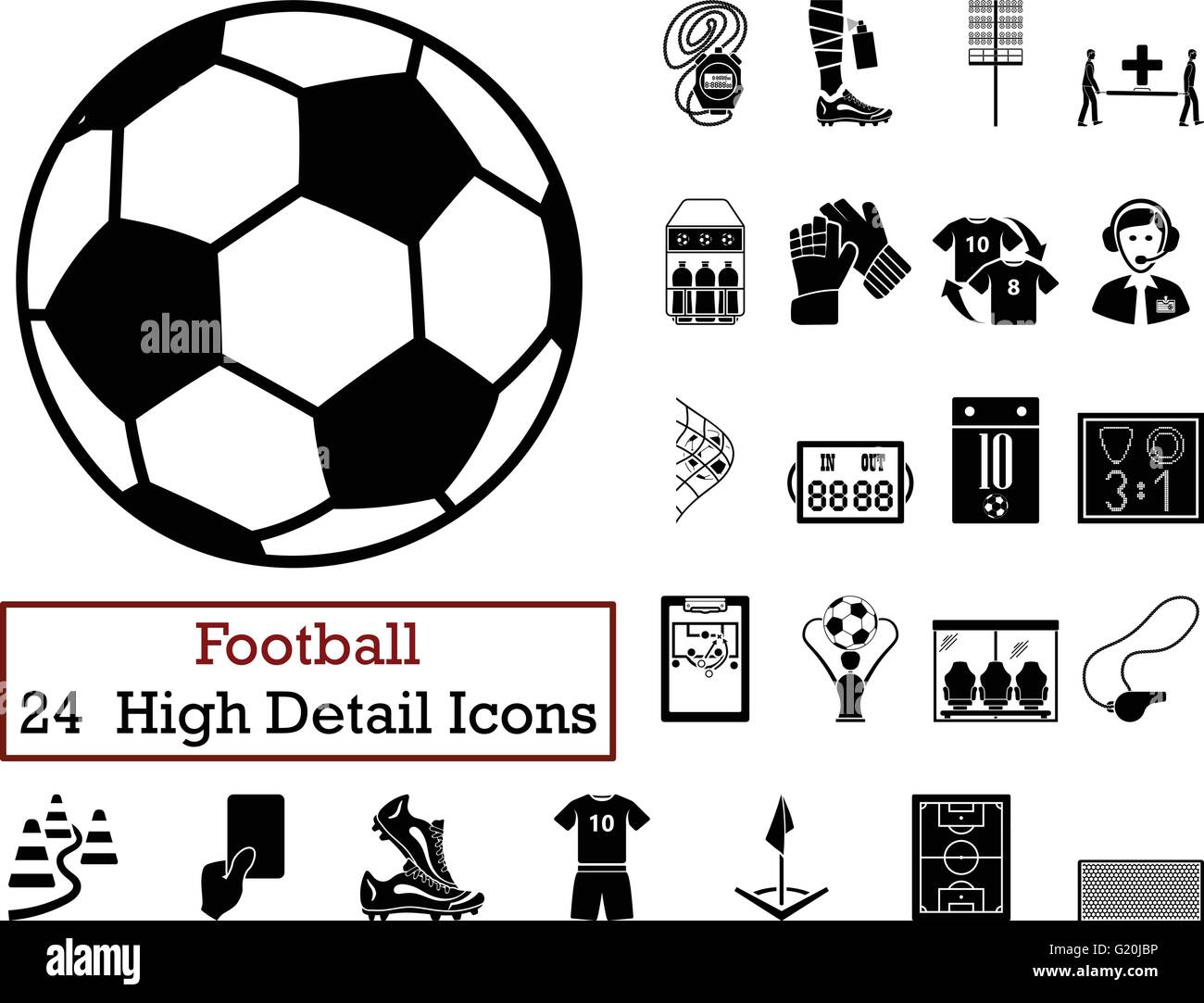 Set of 24 Football Icons in Black Color.Vector illustration Stock