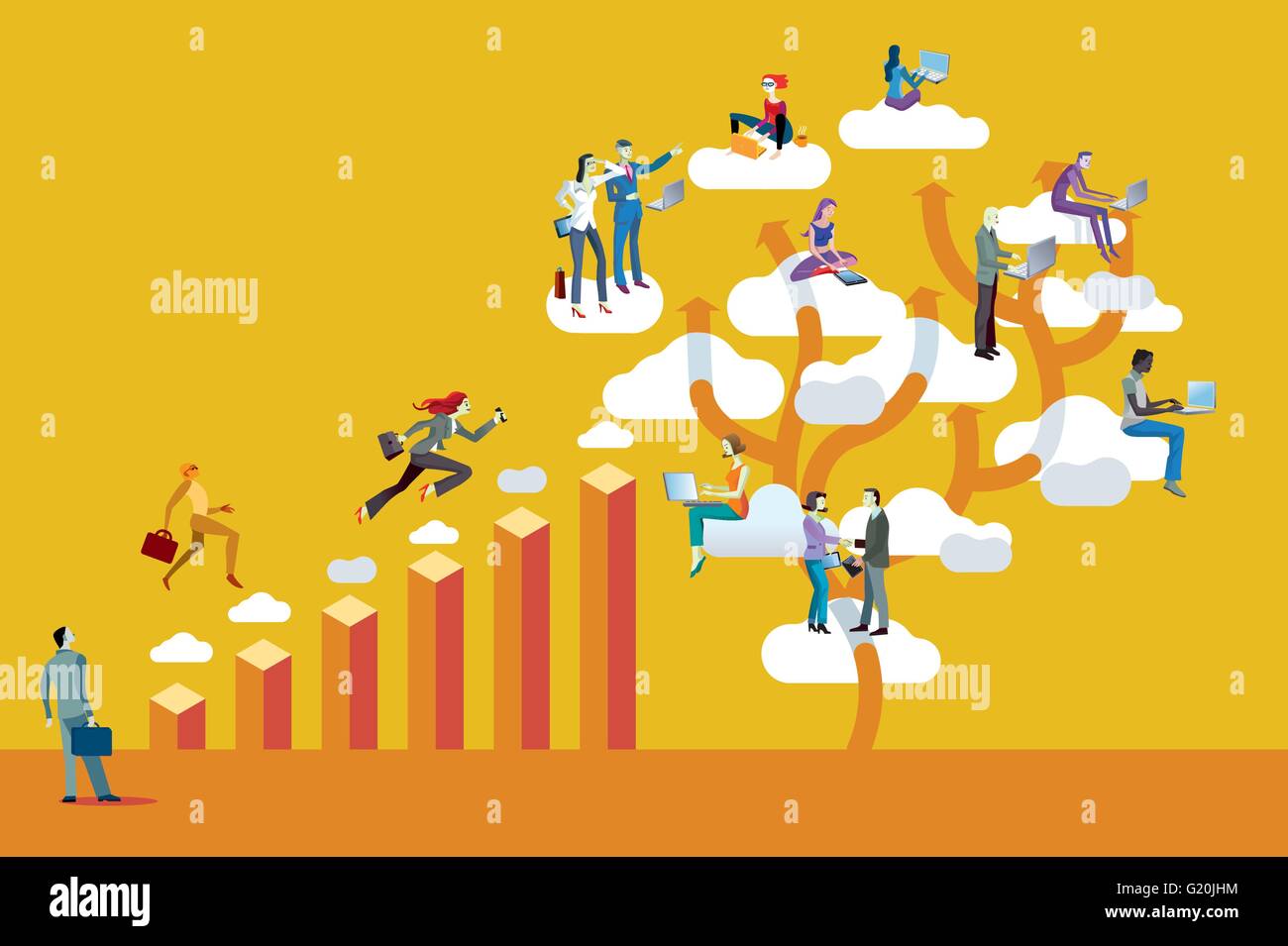 Bar Graph and Cloud Computing. Business man and business women scale through a bar graph working together with success. Stock Vector