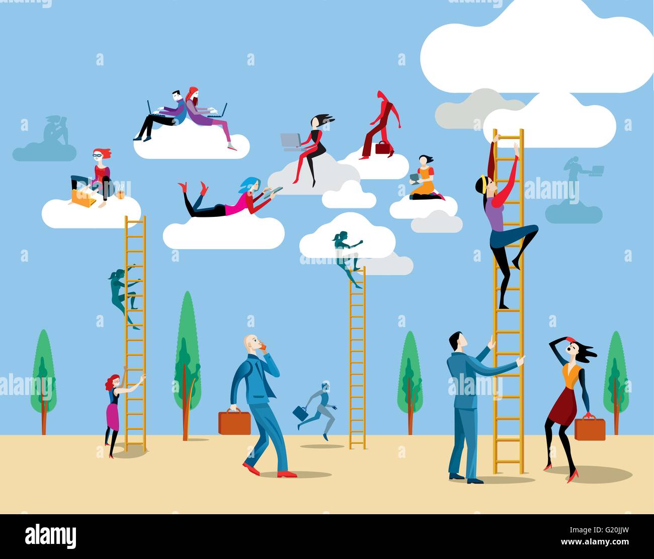 Men and women go up heaven by a ladders to access the cloud from which they work on-line and share information and knowledge. Stock Vector
