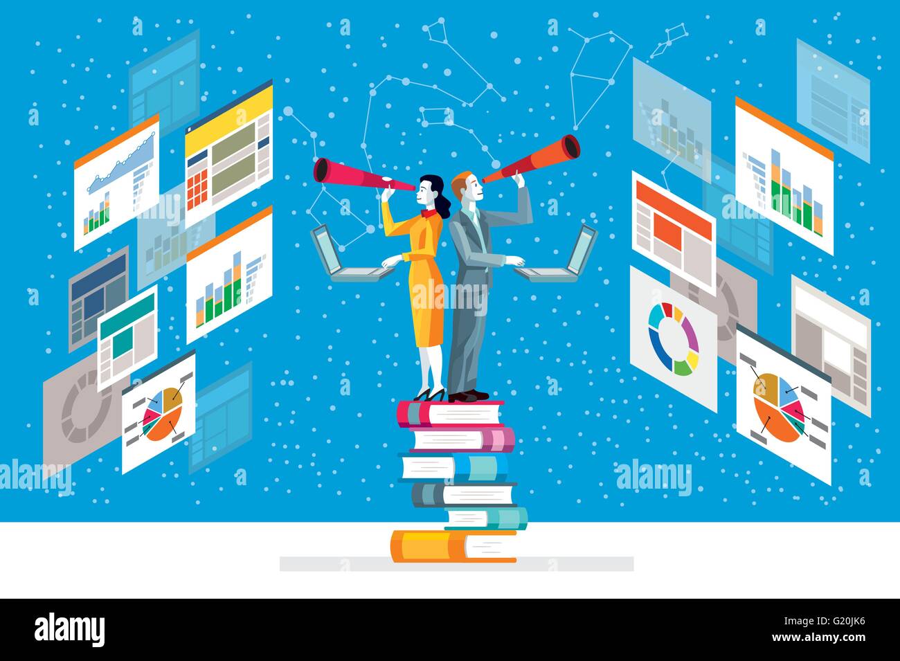 Businessman and businesswoman looking in telescope standing on top of books analyzing graphs, diagram and statistics web. Stock Vector
