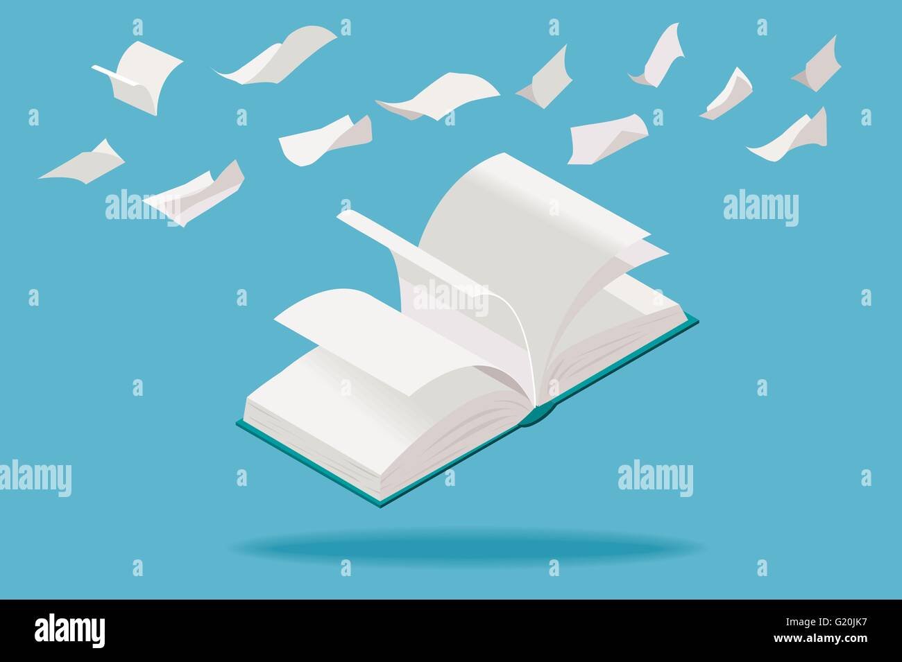 Open book with flying white pages, in isometric perspective. Stock Vector