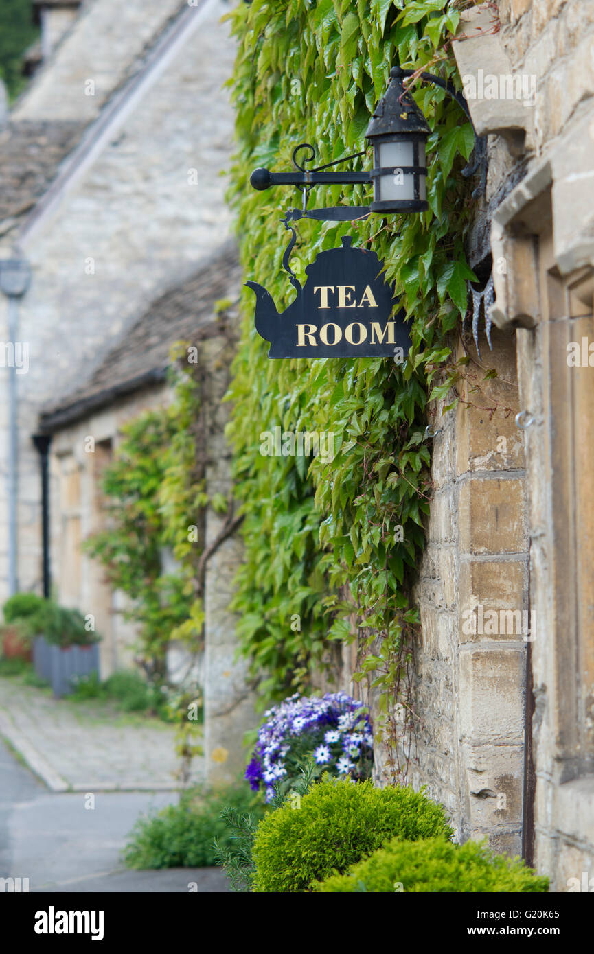 Tea Room sign in Castle Combe, Chippenham, Wiltshire, England Stock Photo
