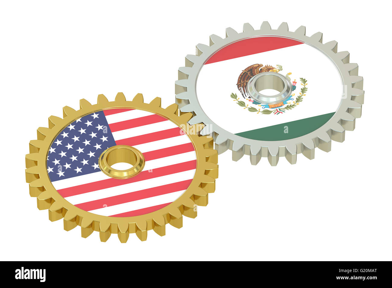 Mexico and United States relations concept, flags on a gears. 3D rendering isolated on white background Stock Photo