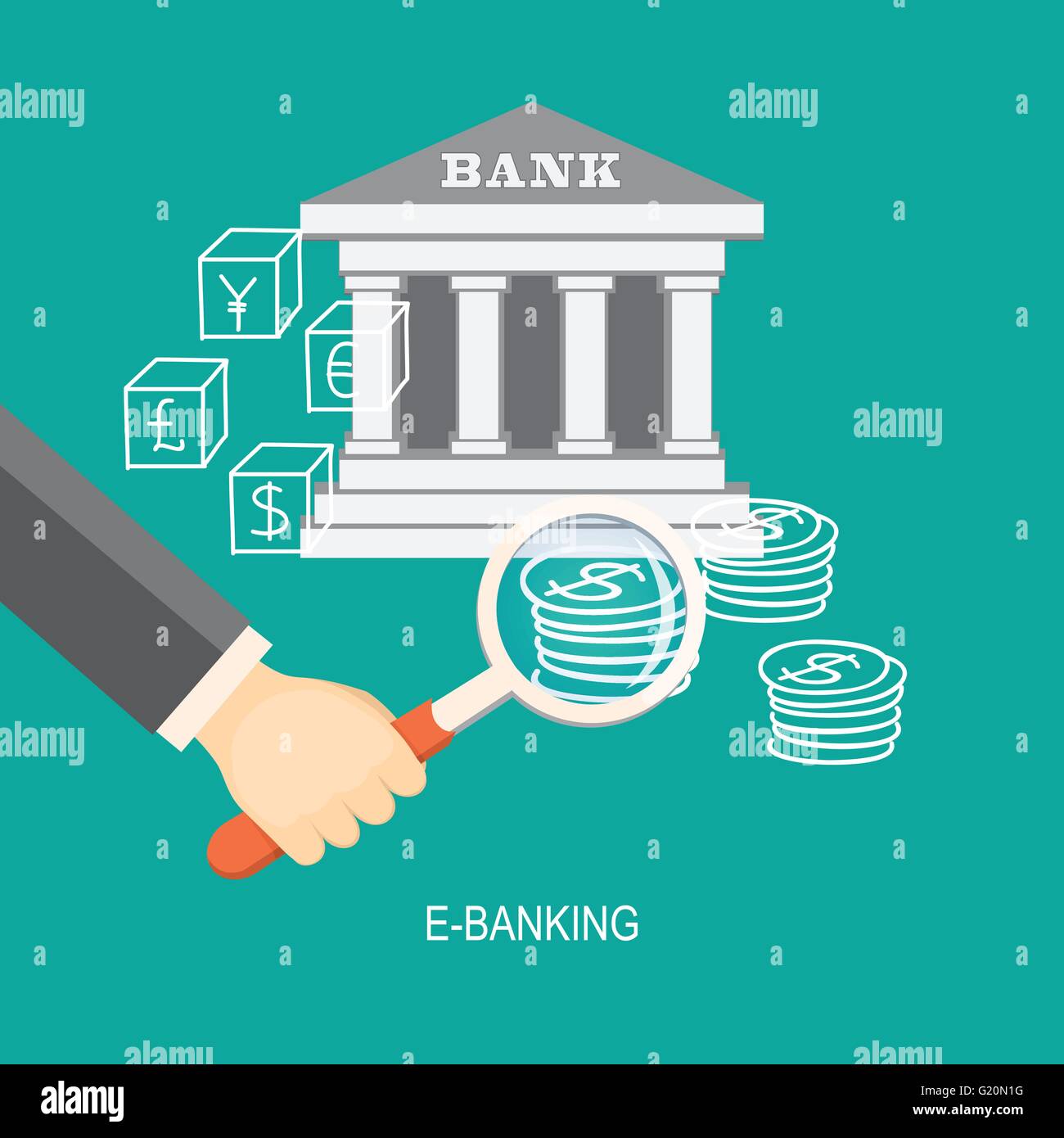 Flat design modern vector illustration concept of business investment, internet banking with bank and magnirier in the hand. EPS Stock Vector