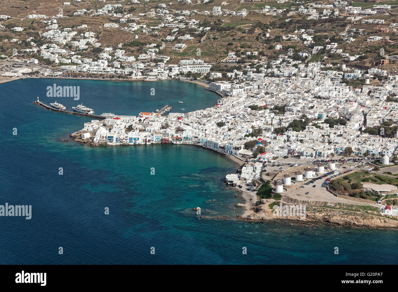 Mikonos city and old port, Cyclades, Greece, aerial view Stock Photo