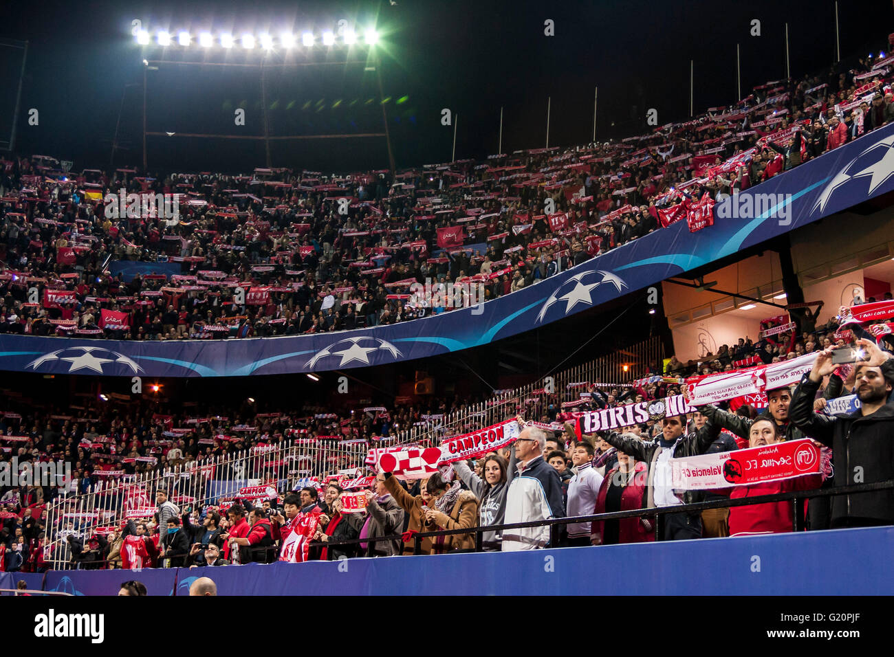 Supporters of Sevilla before the UEFA Champions League Group D soccer match between Sevilla FC and Juventus at Estadio Ramon Sanchez Pizjuan in Sevilla, Spain, 8 December, 2015 Stock Photo
