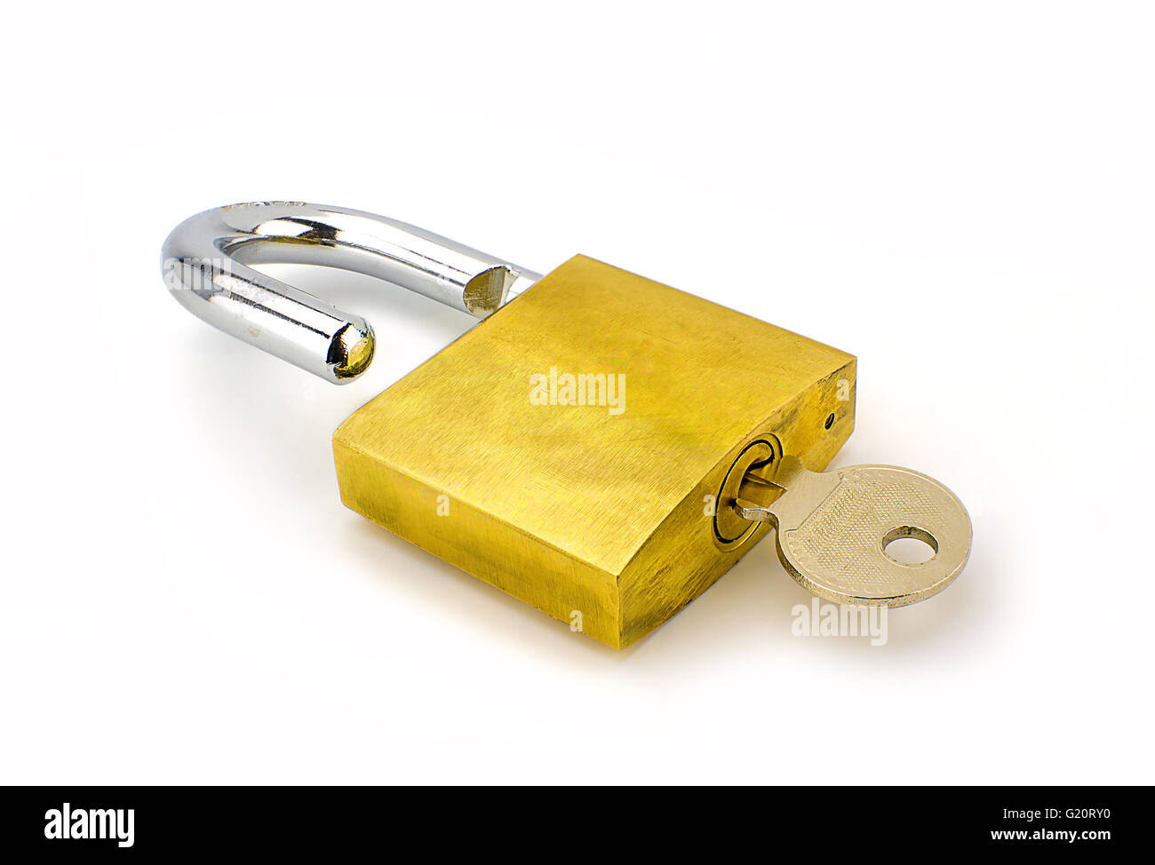 Unlocked padlock with the key on white background Stock Photo