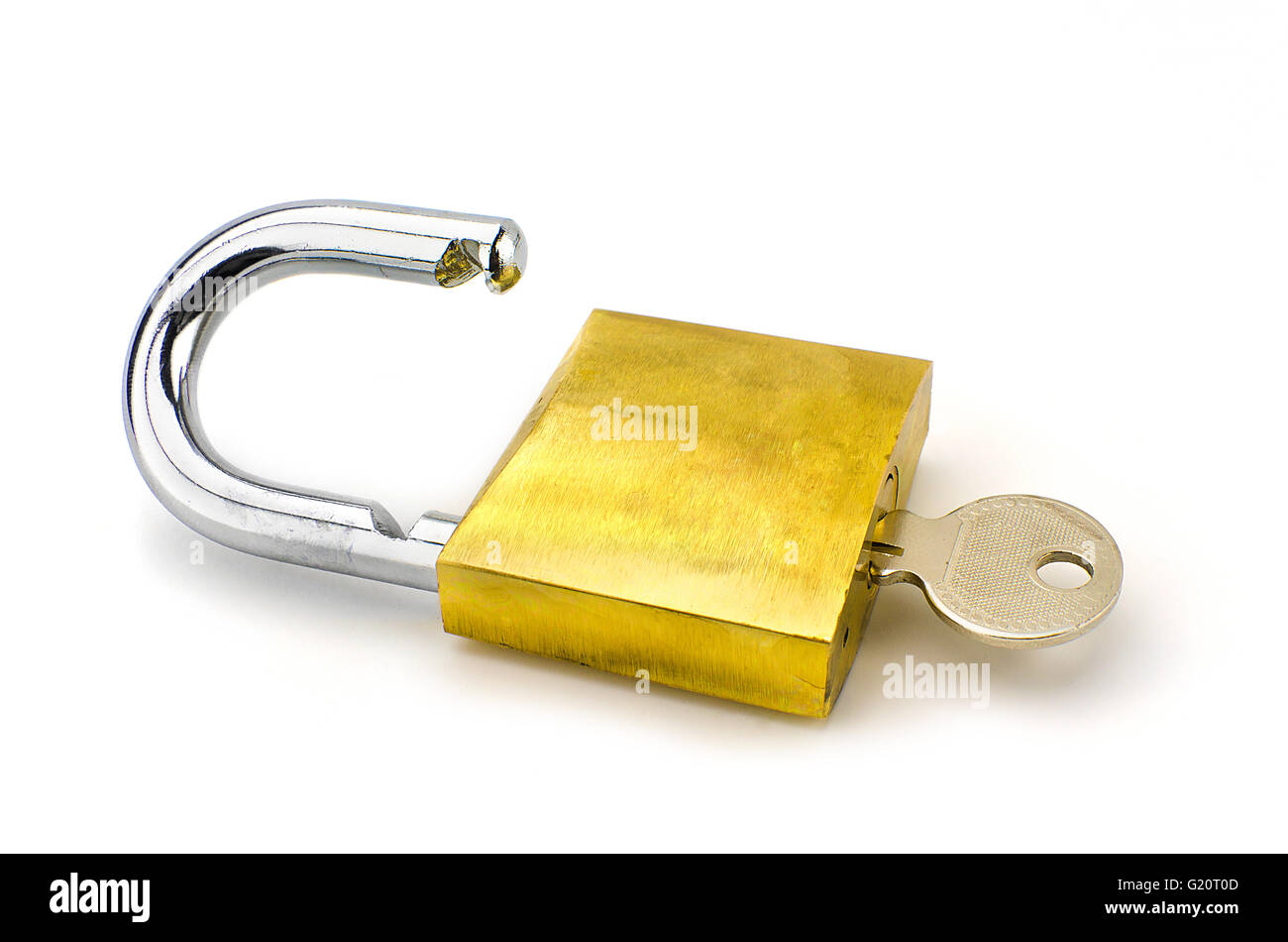 Unlocked padlock with the key on white background Stock Photo - Alamy