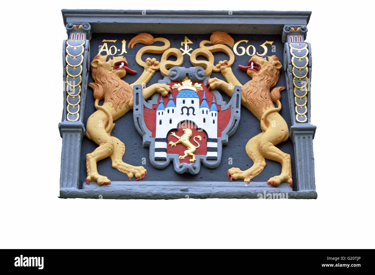 Medieval Coat of Arms in a timber frame house in Hann. Muende, Germany, cutout around the frame Stock Photo