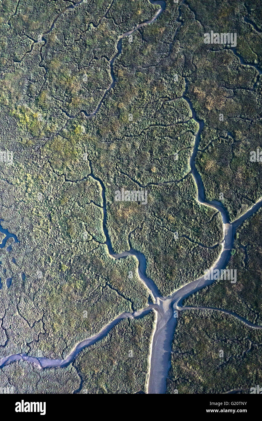 Aerial view of mouth of River Glaven leading into Blakeney Harbour through saltmarsh at low tide North Norfolk Stock Photo