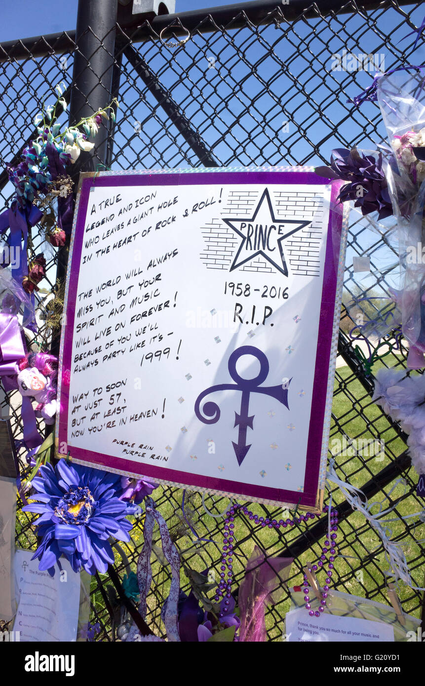 Prince 1958-2016 R.I.P. 'Love Symbol' Purple Rain poster First Ave Star. Paisley Park Studios Chanhassen Minnesota MN USA Stock Photo