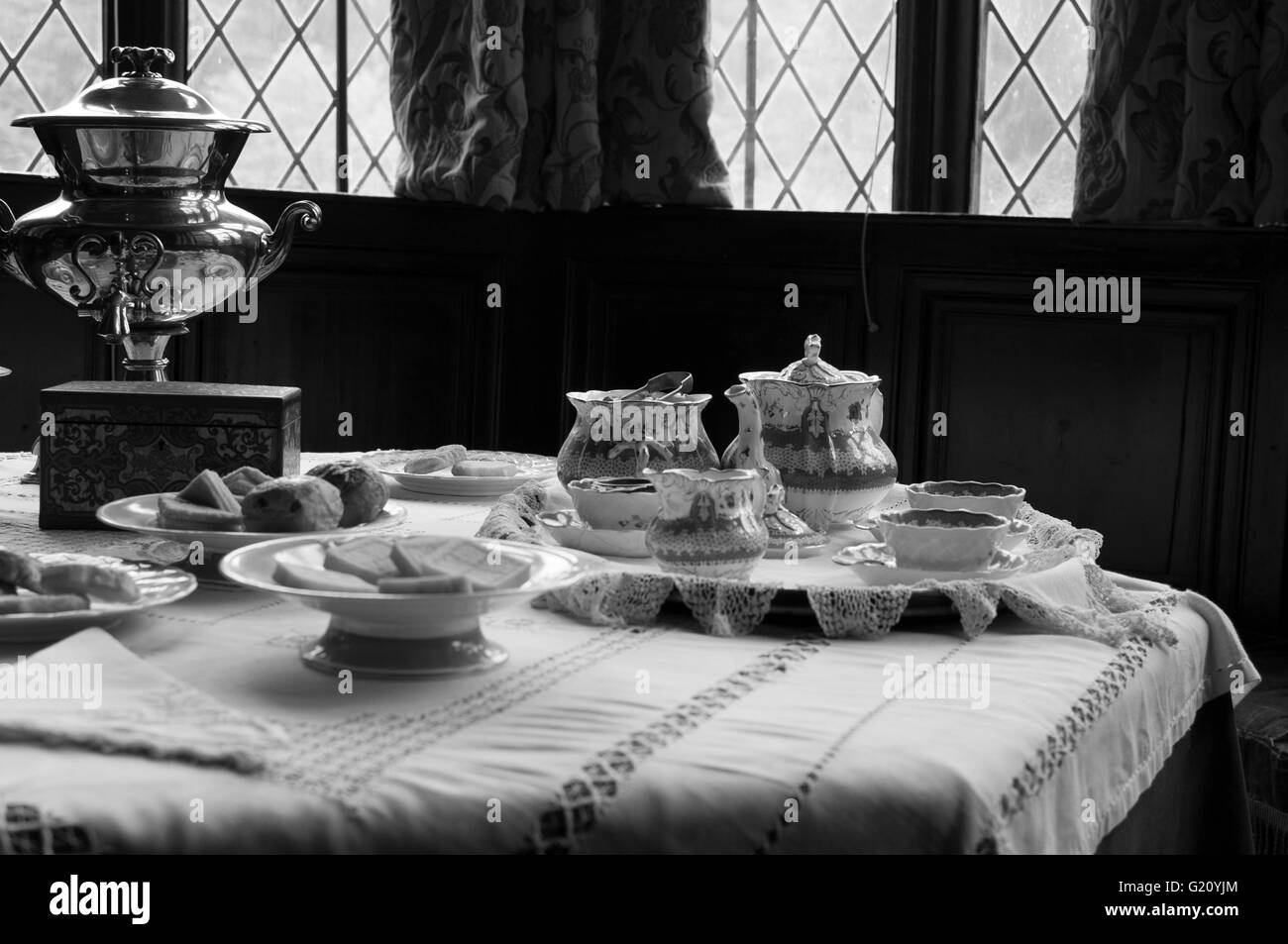 black and whit photograph of a Victorian afternoon tea service Stock Photo