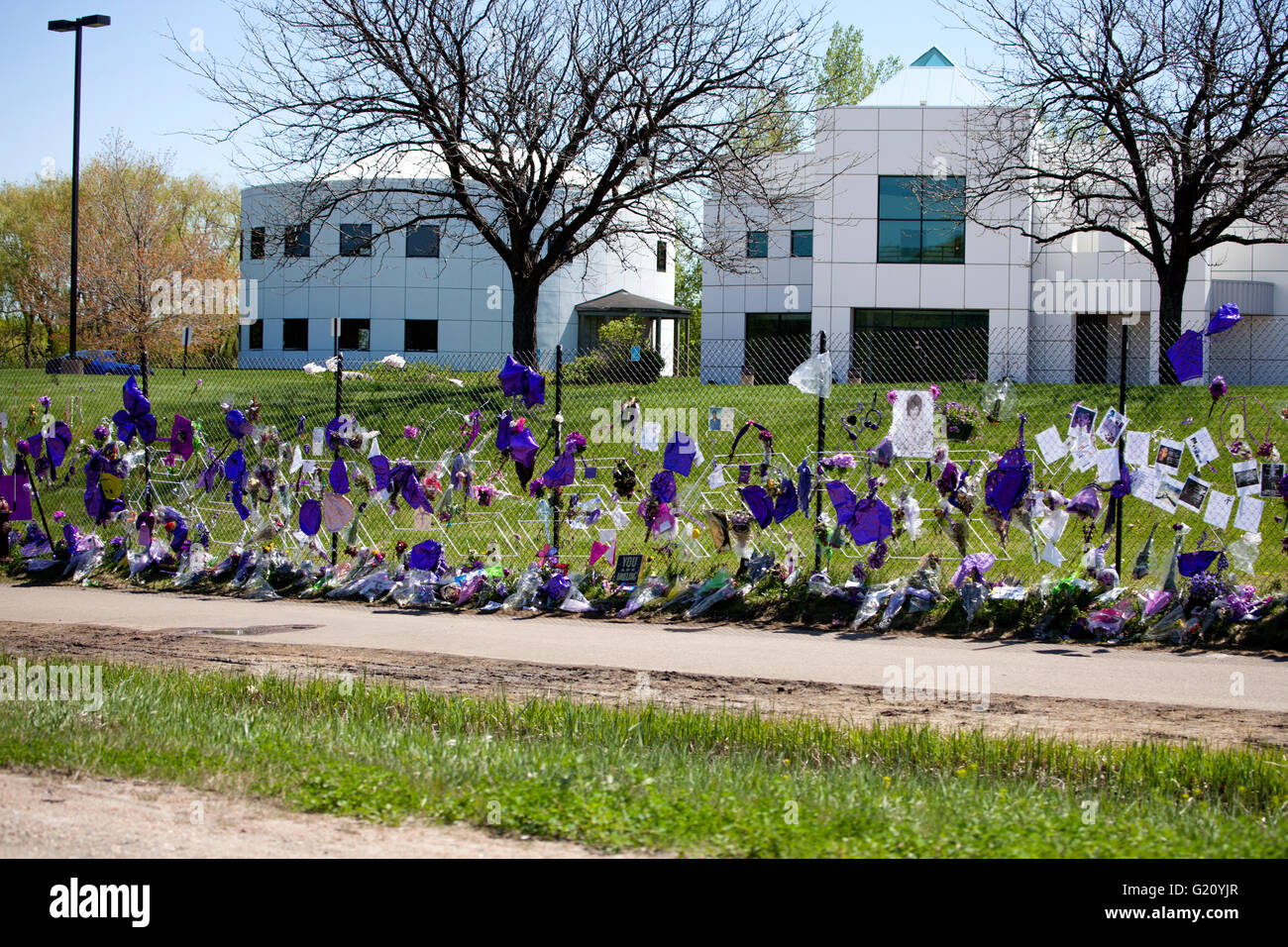 Paisley Park Studios viewed behind the Prince memorial fence. Paisley