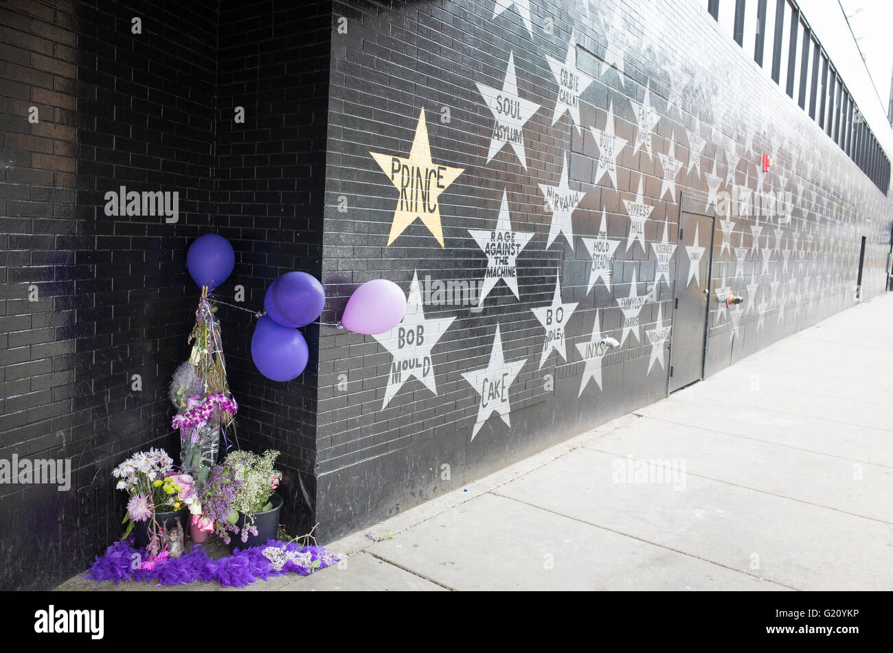 Prince's Star and memorial among wall of stars at First Avenue Nightclub. Minneapolis Minnesota MN USA Stock Photo