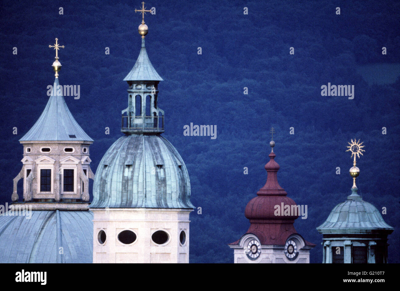 Church Domes rise above Salzburg, Austria. The city is famous for it's well-preserved baroque architecture Stock Photo