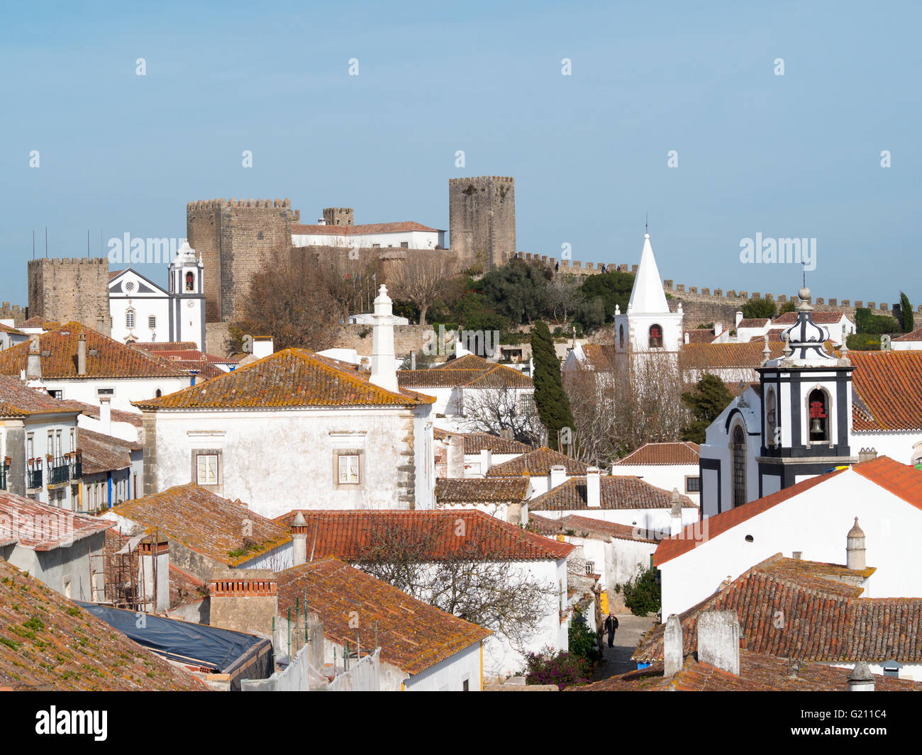 Obidos village roofs, church towers and castle Stock Photo